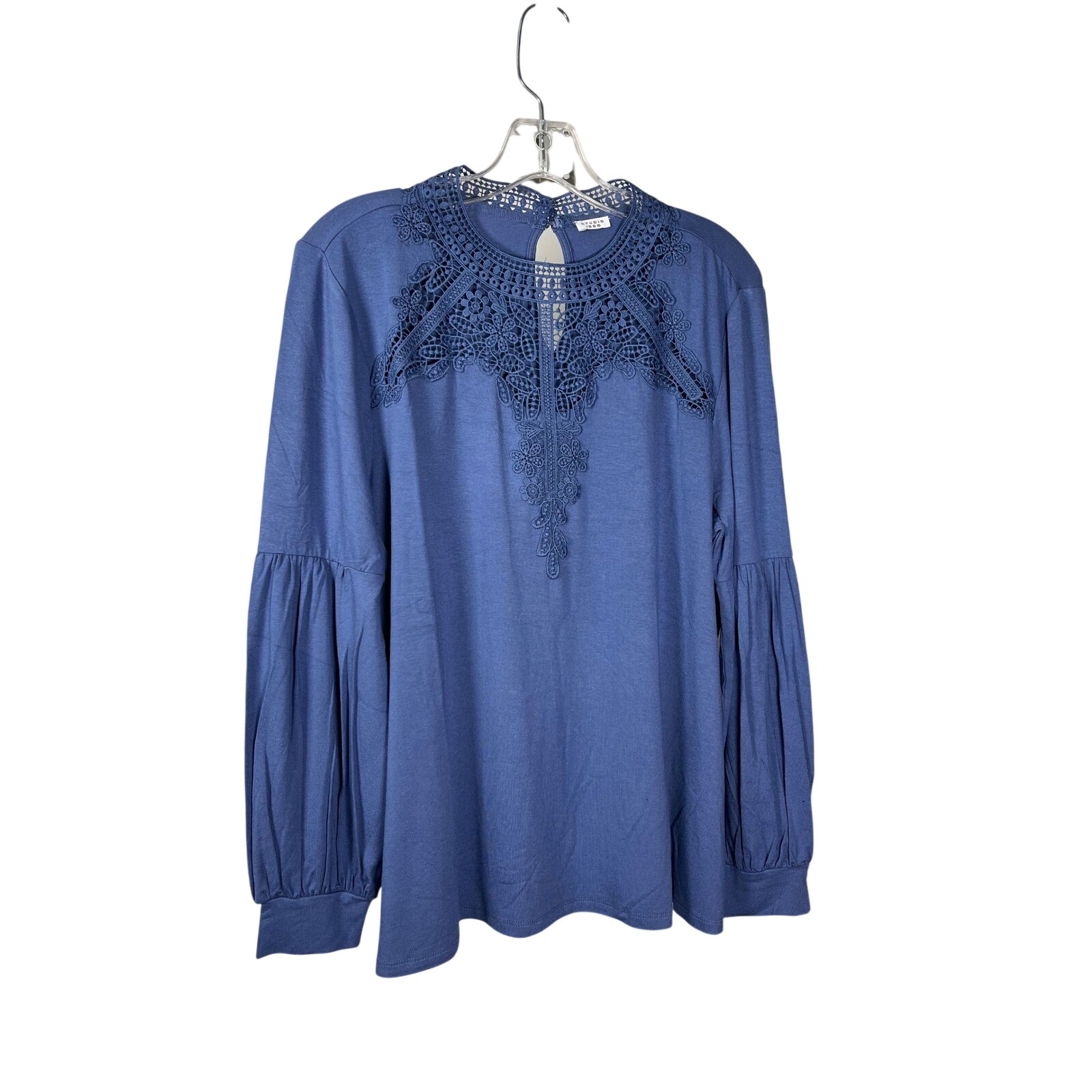Studio 1886 Blue Lace Neckline Bishop Sleeve Mock Neck Top Women's Size M